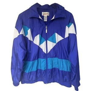 Vintage Janeve Windbreaker Jacket Womens Medium Blue Colorblock 90s Nylon Zip Up